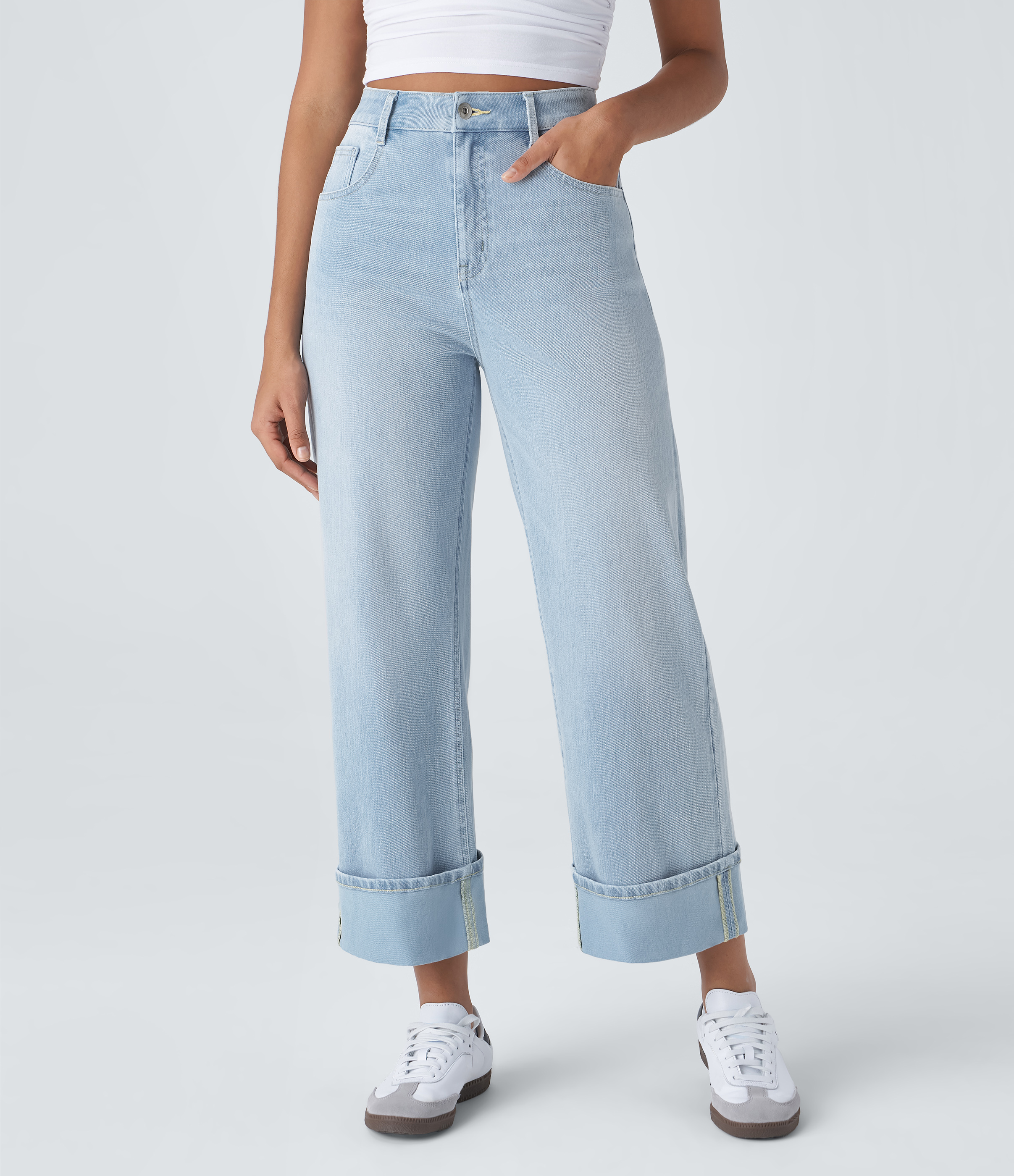 Flex™ High Waisted Pockets Rolled Hem Wide Leg Washed Casual Jeans  - Light Azure Denim