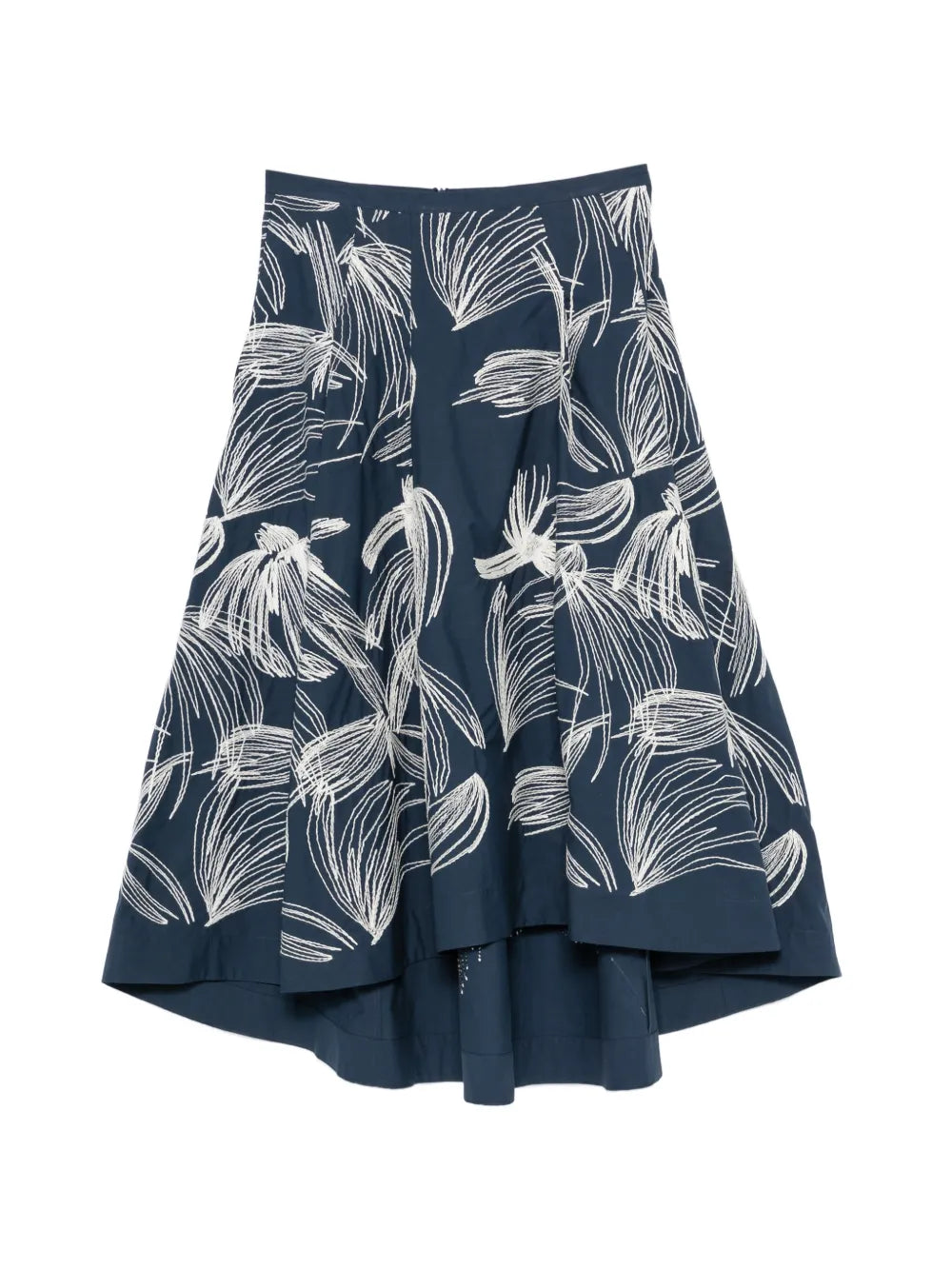 Floral-Embroidered Asymmetric Skirt — Navy