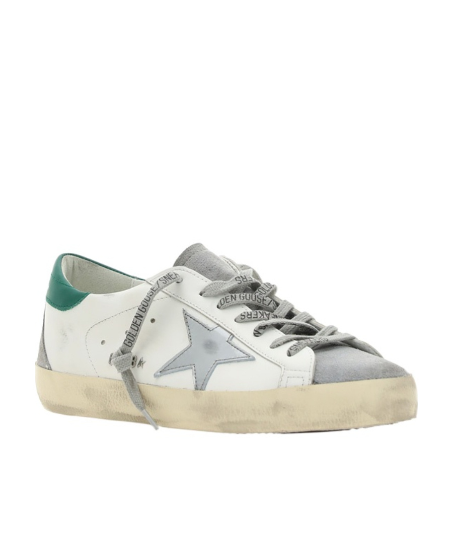 Mens Super-Star in white leather with silver star and green heel tab