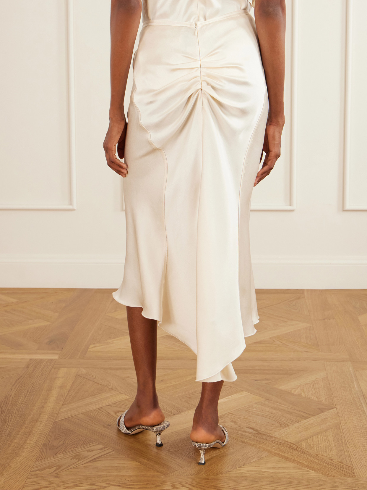 Bela Ruched Satin Midi Skirt - Neutrals