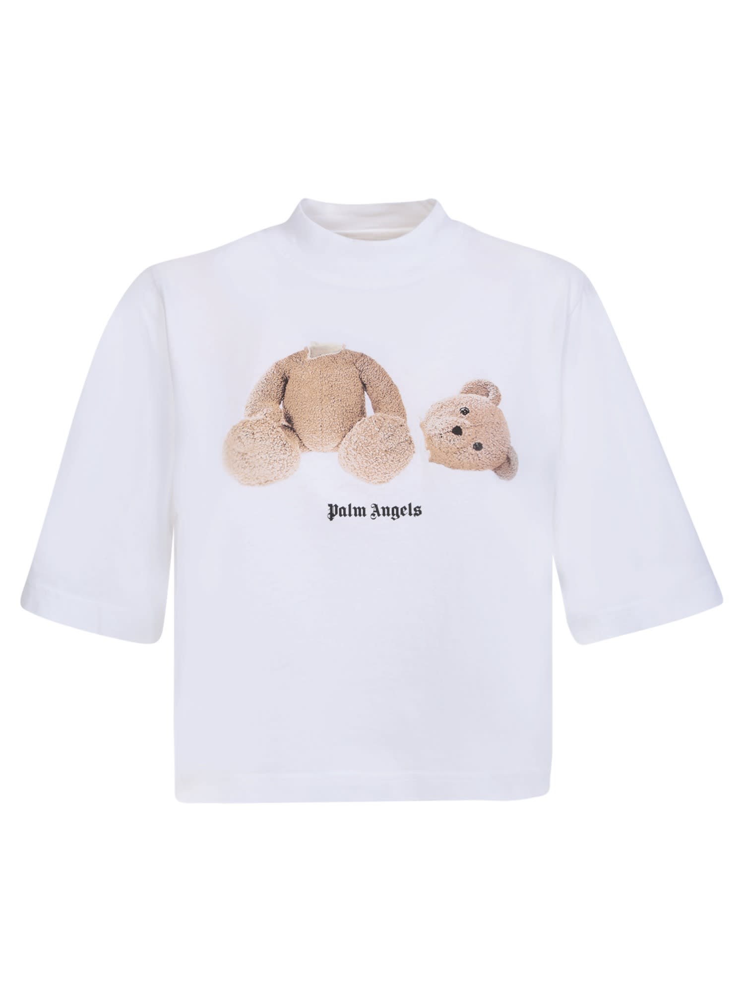 White Crewneck Crop T-shirt With Bear Graphic Print In Cotton Woman