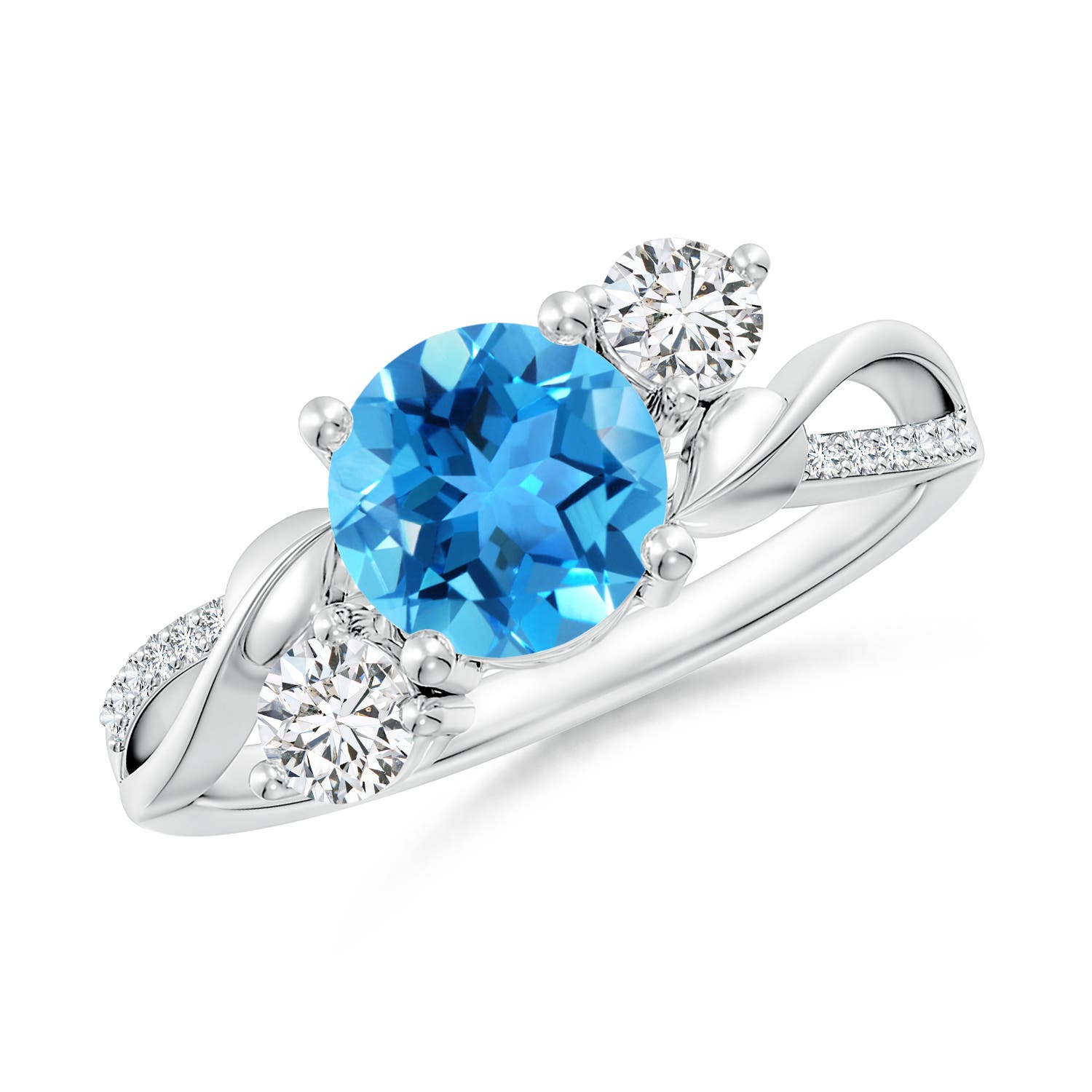Angara 1.55 Carats Swiss Blue Topaz and Diamond Twisted Vine Ring in Platinum