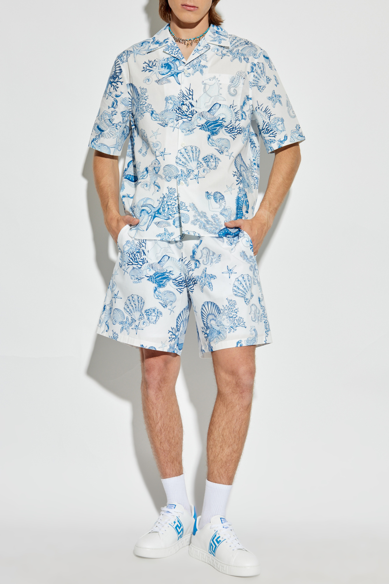 Versace Shorts With `Coral Theatre Allover` Print, Men's, Light Blue