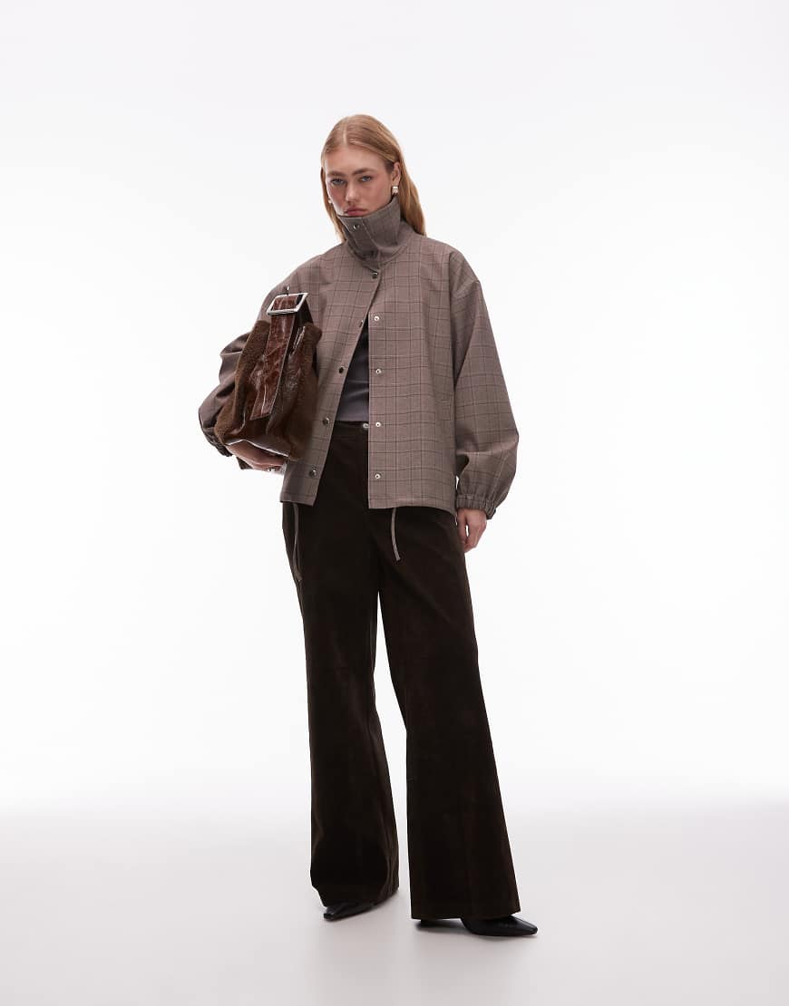 Tailored funnel neck jacket in grey check-Multi