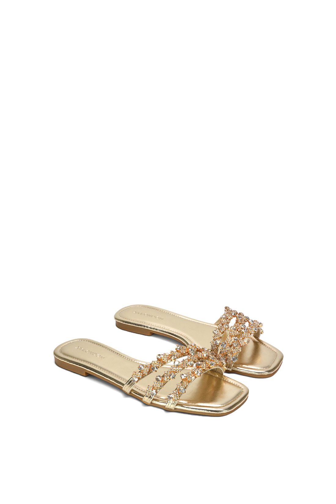 XY London Women's 'Hazel' Flat Diamante Slider Sandals w/ Square Toe in Metallic Gold