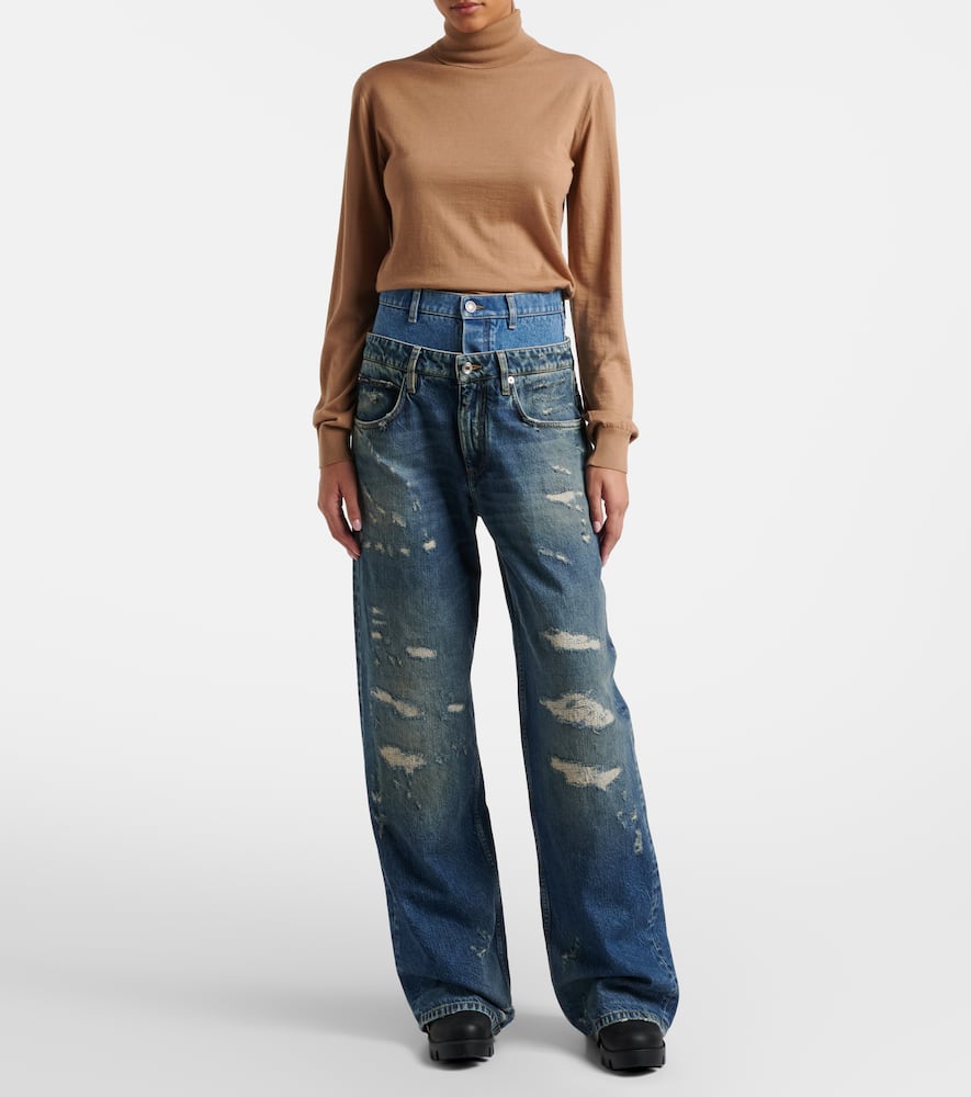 Distressed layered high-rise wide-leg jeans