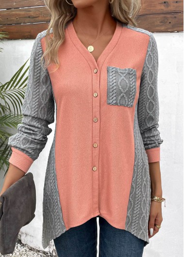 Modlily Orange Patchwork Long Sleeve V Neck Blouse