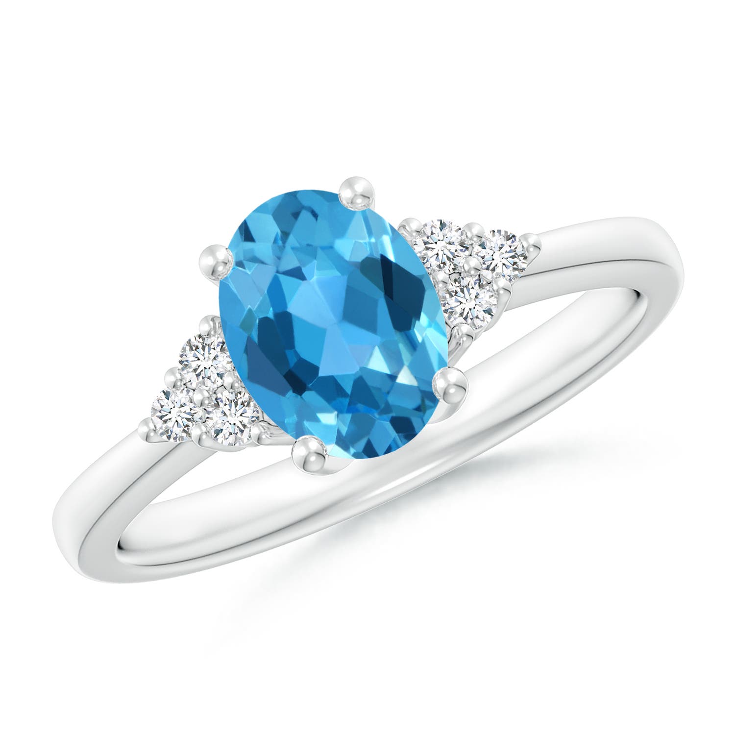 Angara 1.5 Carats Solitaire Oval Swiss Blue Topaz Ring with Trio Diamond Accents in Platinum