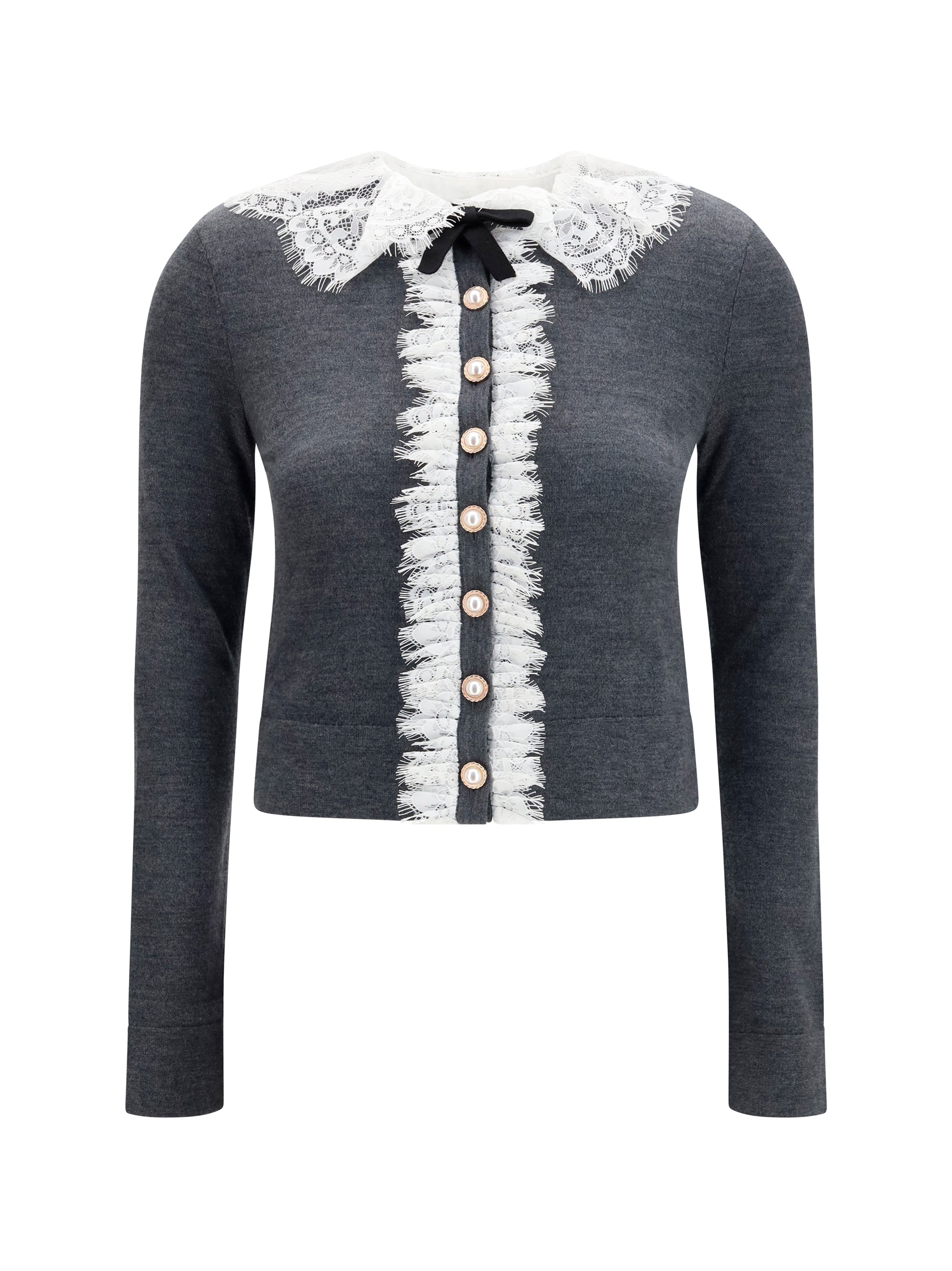Lace-Trimmed Merino Wool Cardigan — Gray