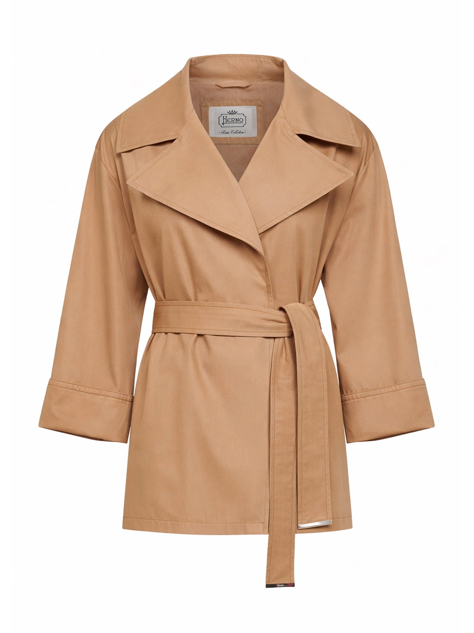 Cotton Gabardine Belted Raincoat — Camel