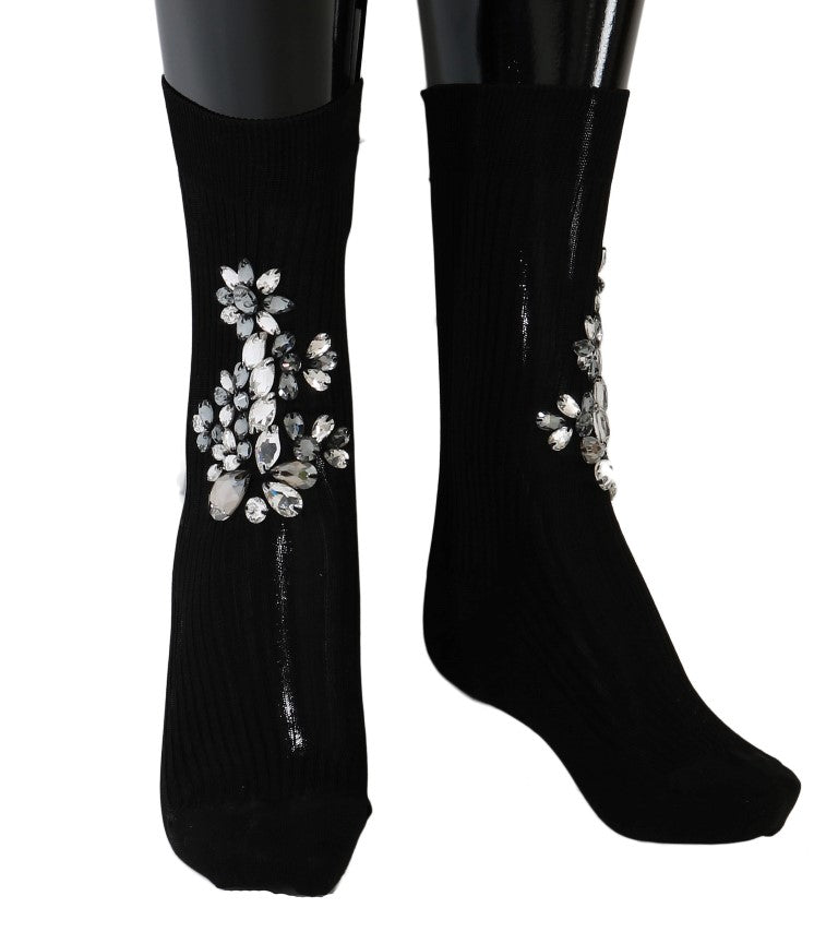 Floral Crystal-Embellished Socks — Black