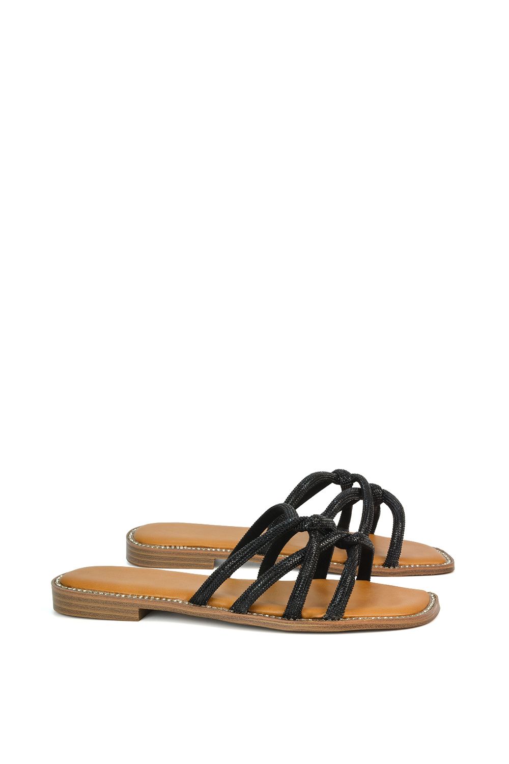 XY London Women's 'Sofia' Strappy Diamante Trim Square Toe Flat Sandals in Black