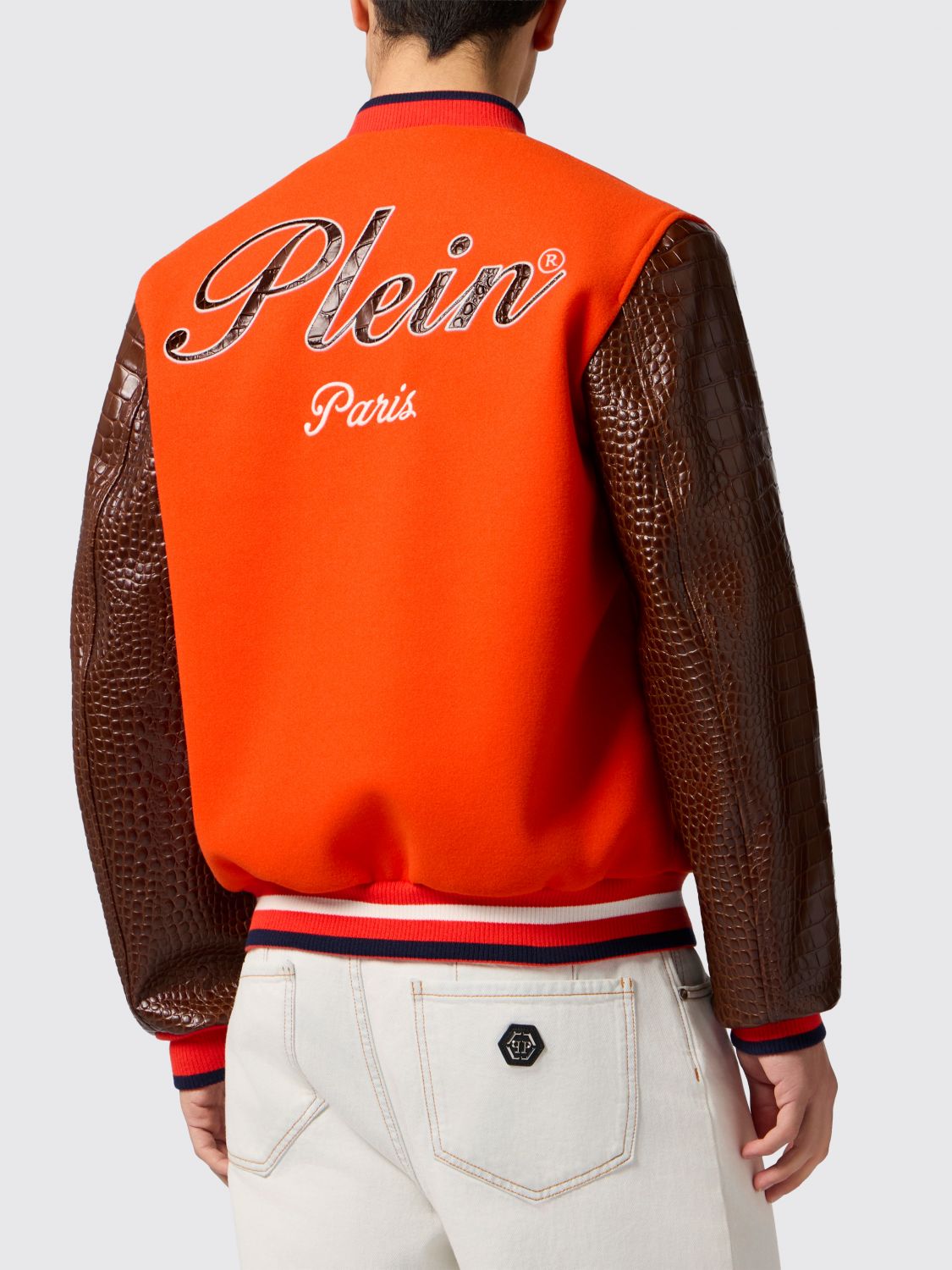 Two-Tone Crocodile-Effect Calfskin Leather Varsity Bomber Jacket