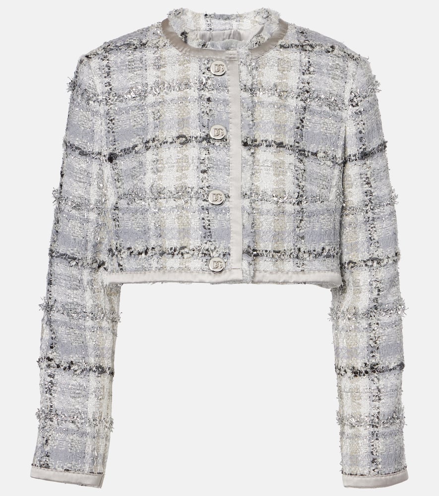 Checked cropped lamé tweed jacket