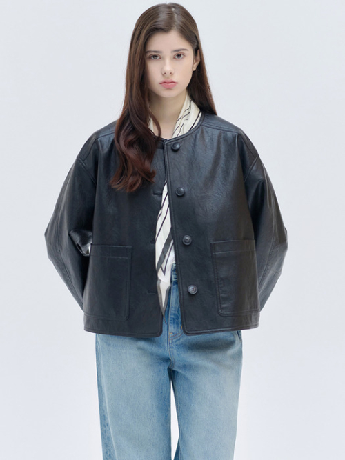 Collarless leather crop jacket