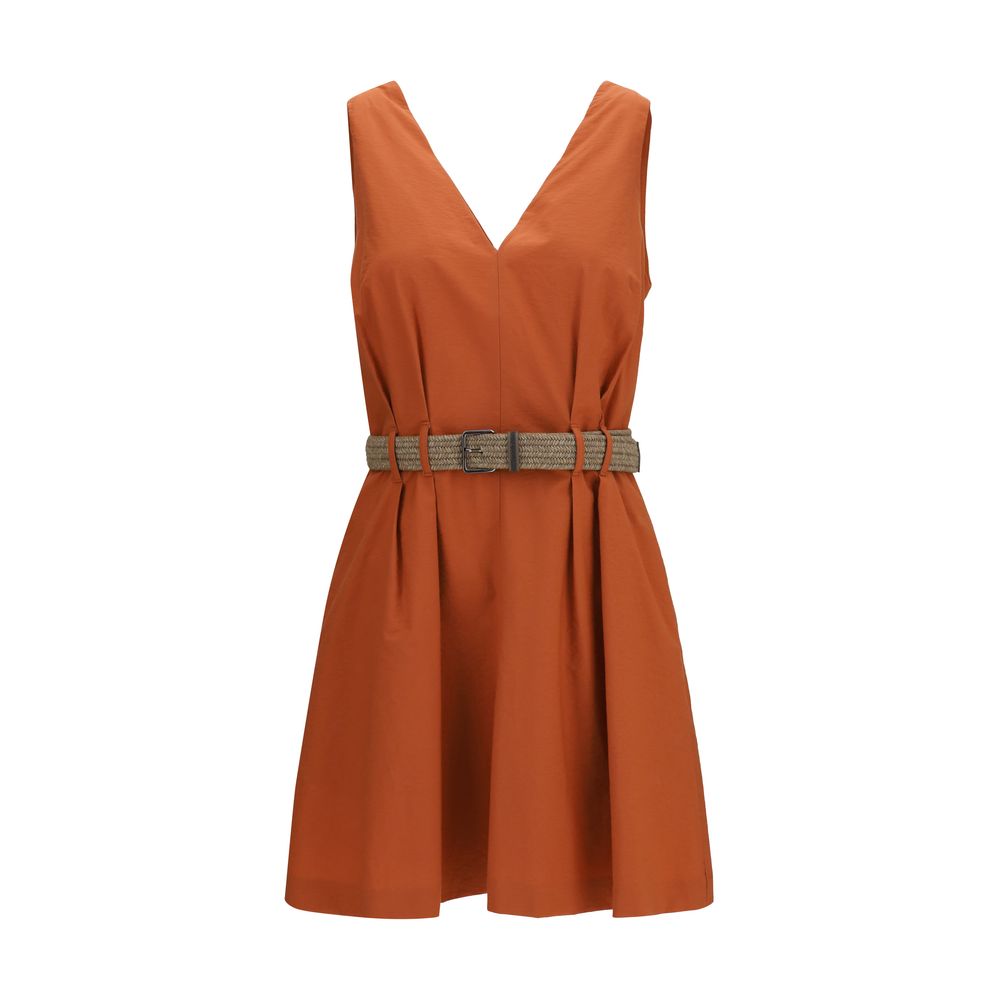Pleated Cotton with Rope Belt Dress — Orange
