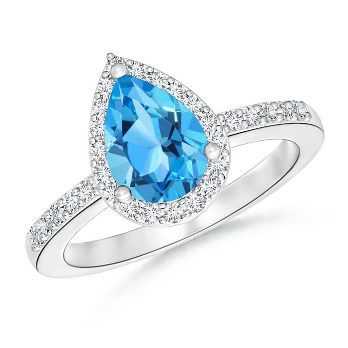 Angara 1.65 Carats Pear Swiss Blue Topaz Ring with Diamond Halo in Platinum