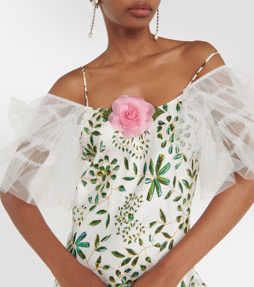 Floral-appliqué silk midi dress
