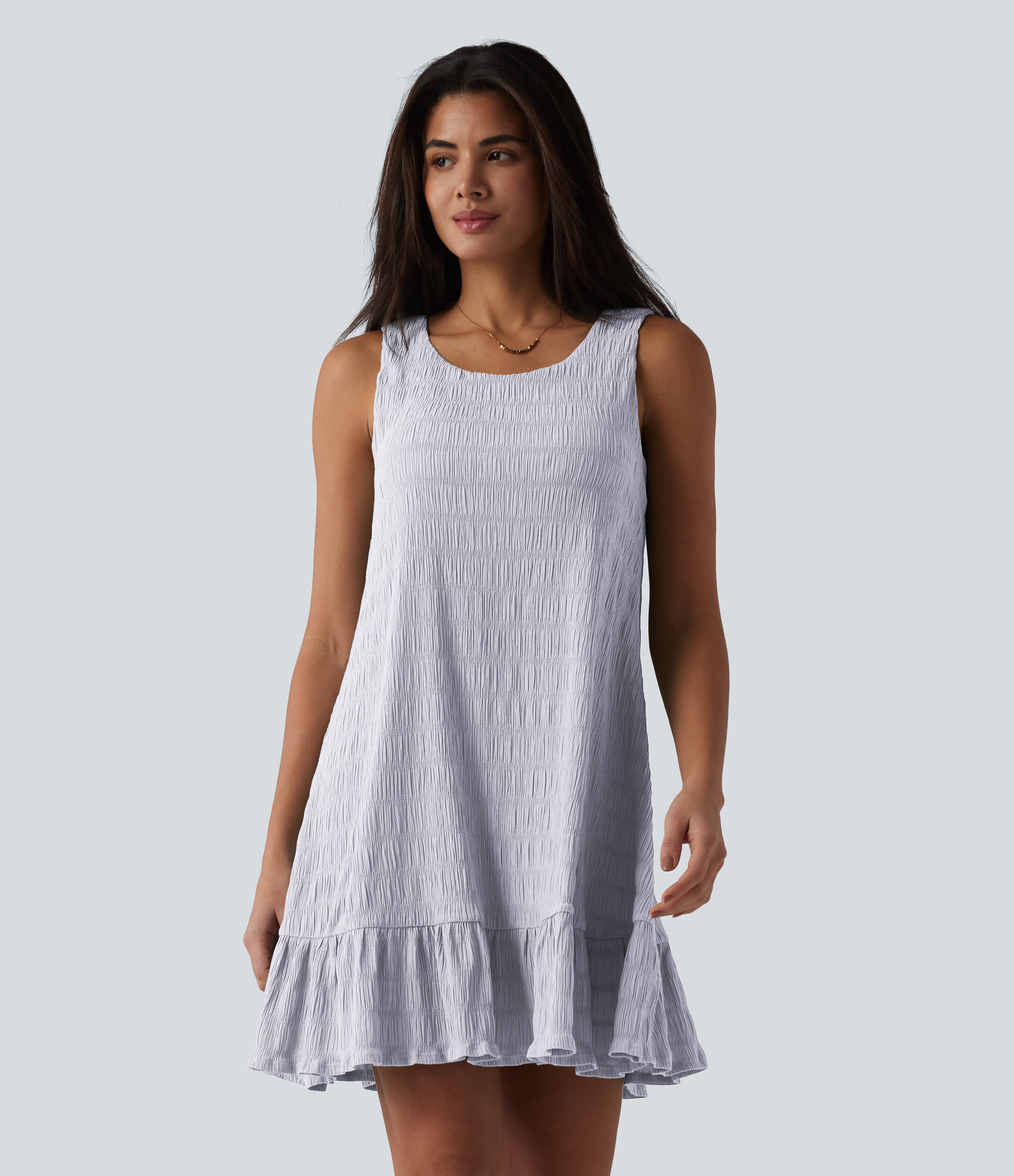 Round Neck Built-in Bra Sleeveless Ruffle Hem Mini Casual Dress Casual Dress - Lilac Hint