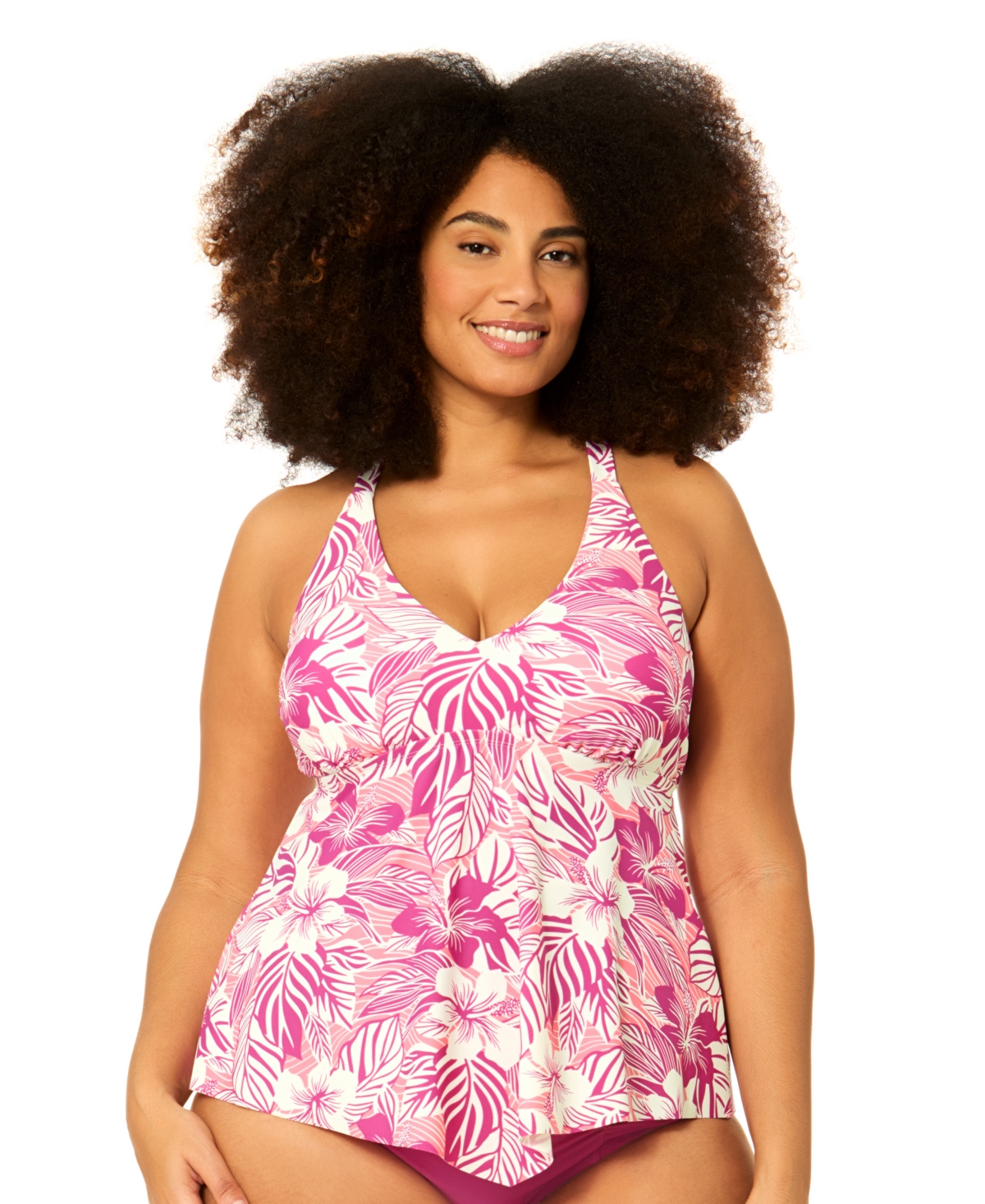 Plus Size Underwire Floral Print Swim Tankini Top - Magenta