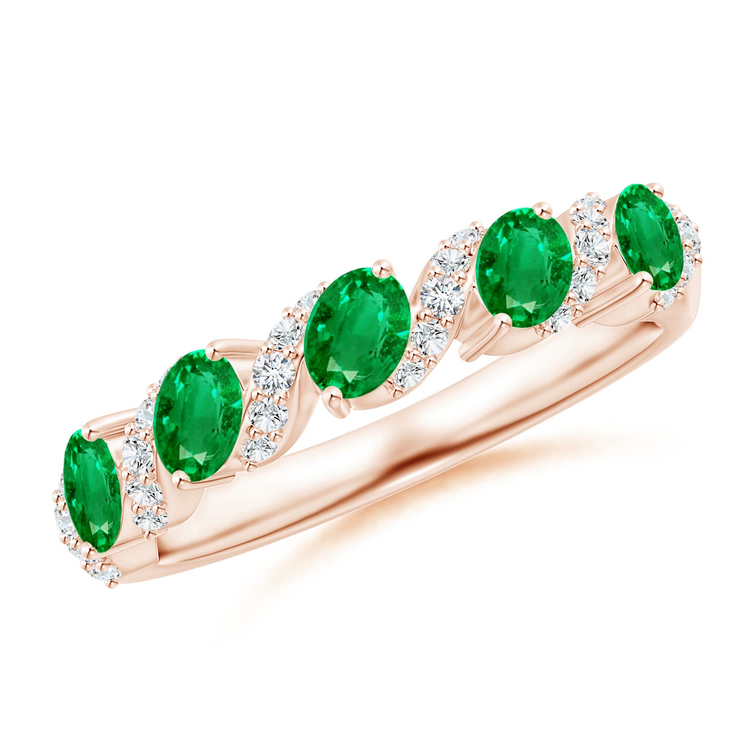 Angara 0.6 Carat Five Stone Oval Emerald Swirl Ring with Diamonds in 14K Rose Gold