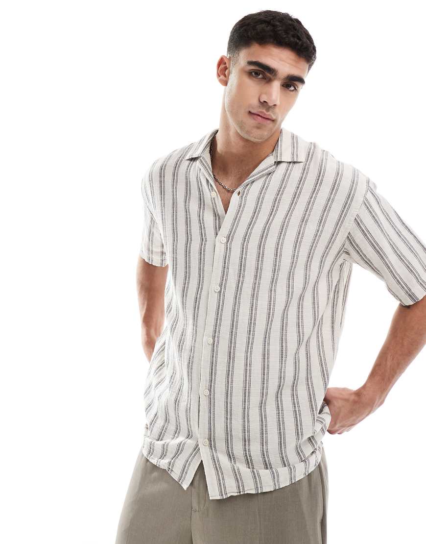 Jack & Jones camp collar textured striped short sleeve shirt in cream-White
