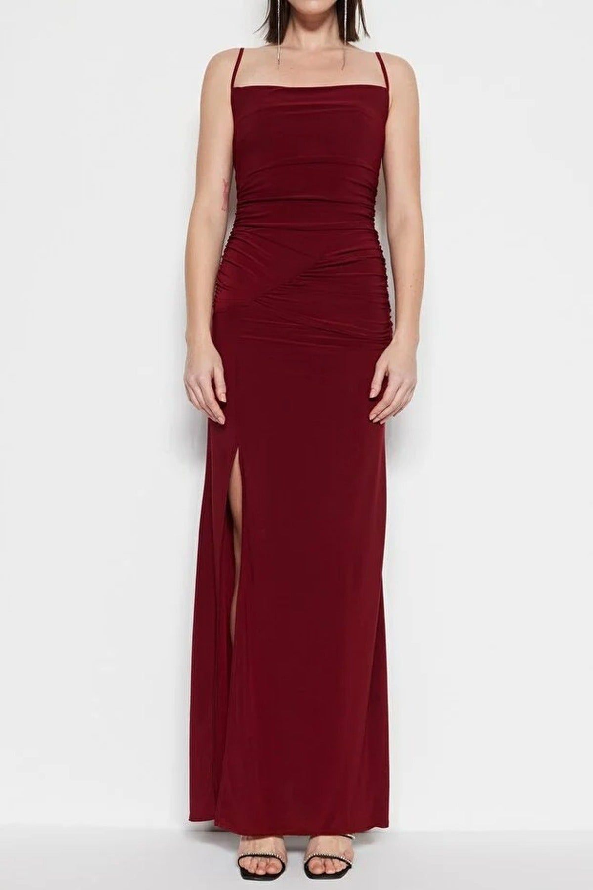 Wovcor Ruched Strappy Maxi Dress With Front Split Detail In Burgundy