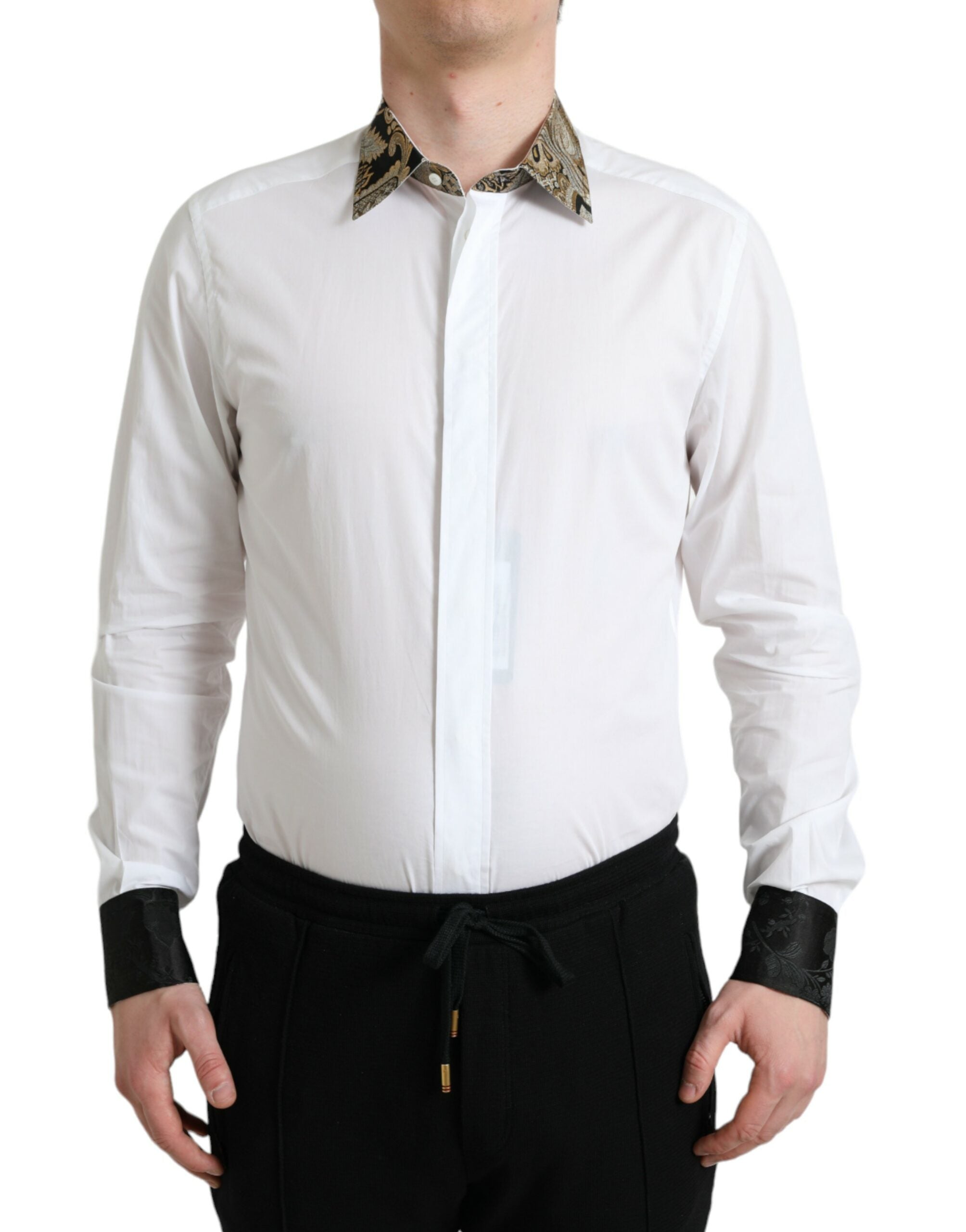 Gold Jacquard Collar & Cuff Dress Shirt — White