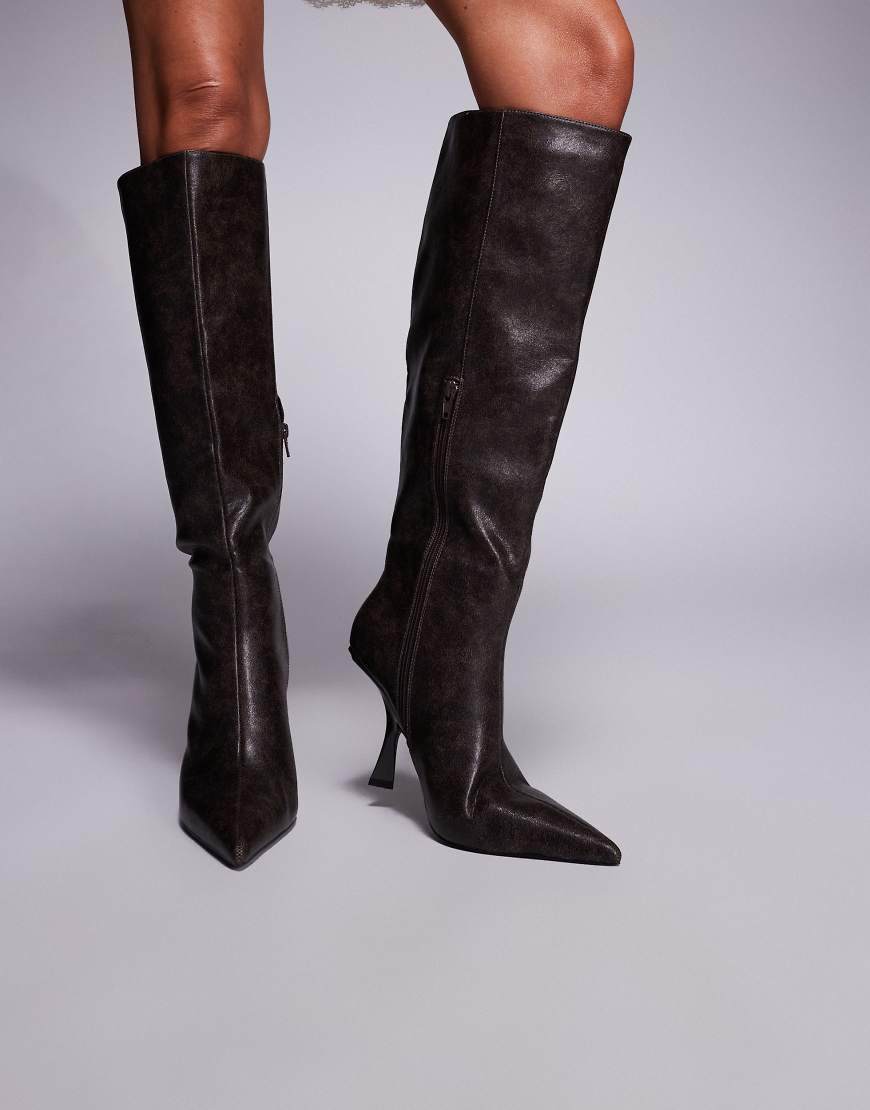Third Date high heeled knee boots in distressed brown