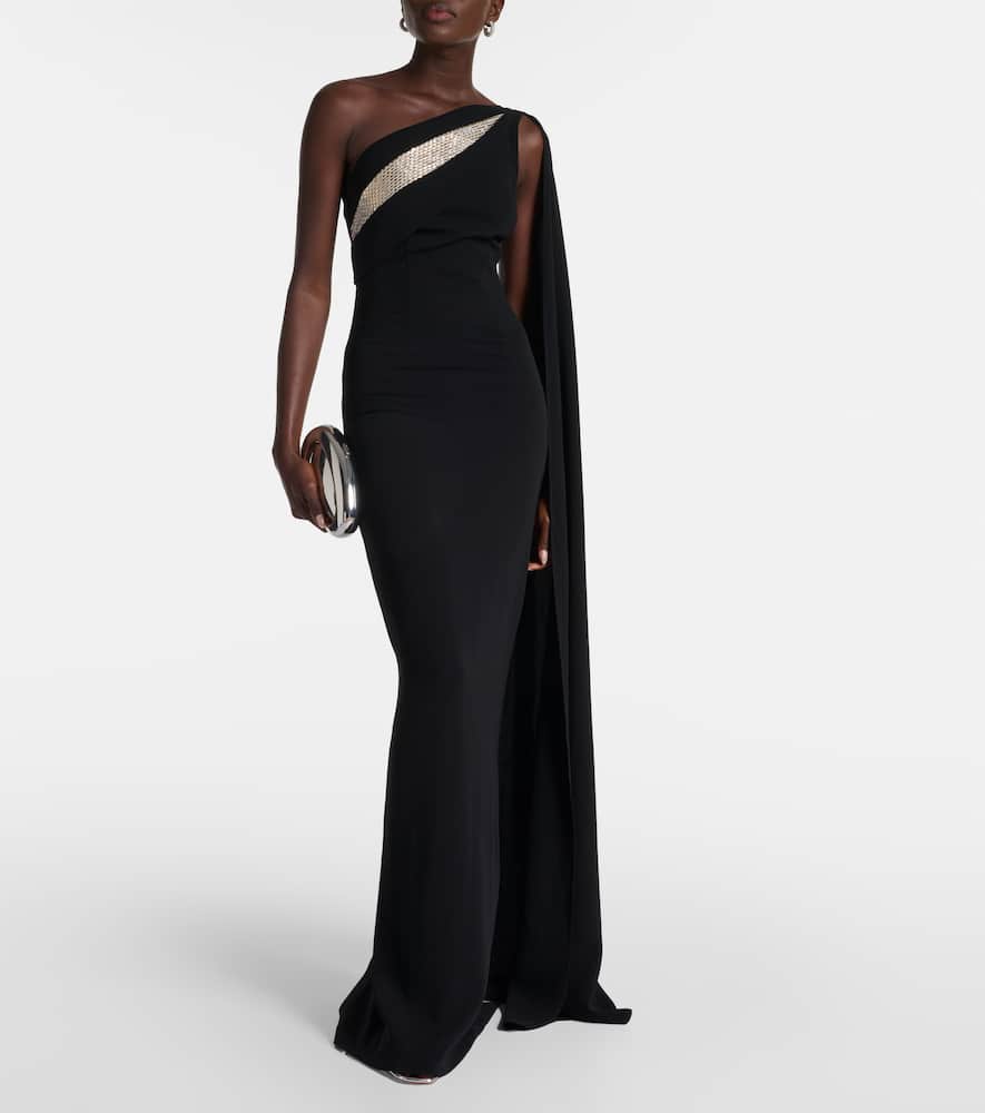 Embellished one-shoulder cady gown