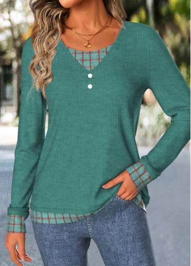 Modlily Turquoise Plaid Long Sleeve Fake Two Piece Twinset