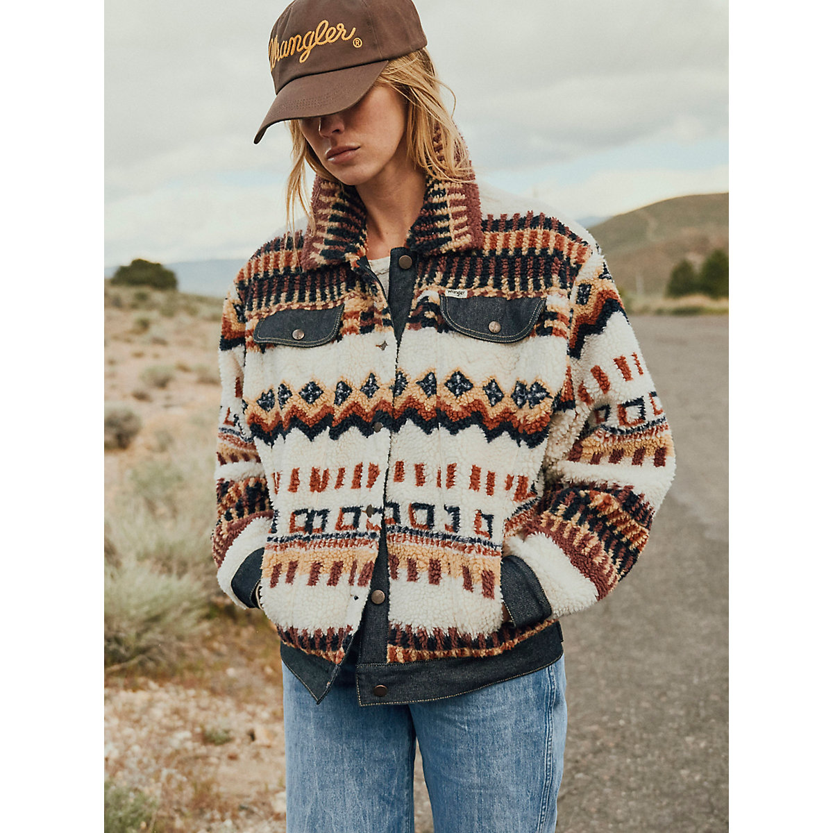 Women’s Denim Sherpa Fair Isle Jacket in Cream