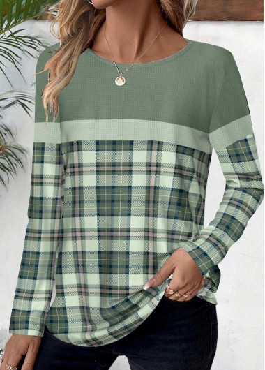 Modlily Sage Green Patchwork Plaid Long Sleeve T Shirt