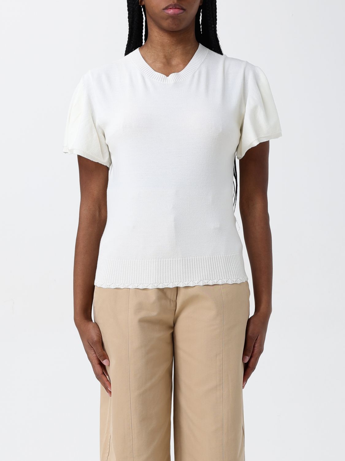 Scalloped-hem knitted T-shirt - 00282_White Snow