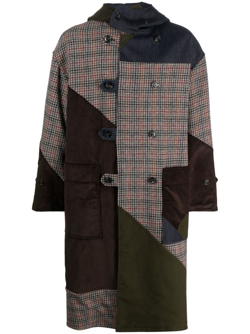 Patchwork double-breasted coat - Brown