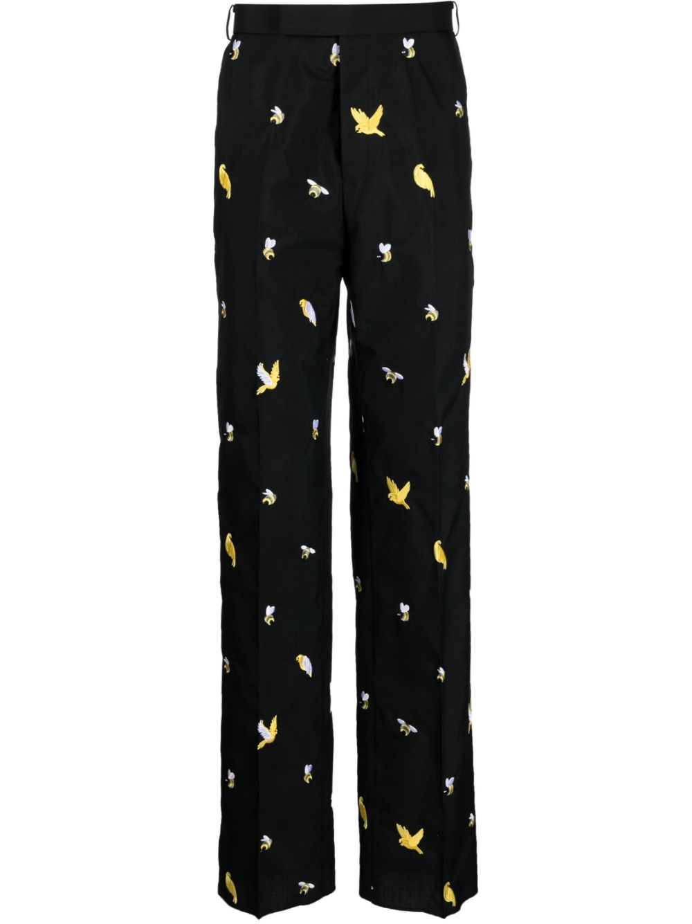 Birds and Bees embroidered straight-leg trousers - Black