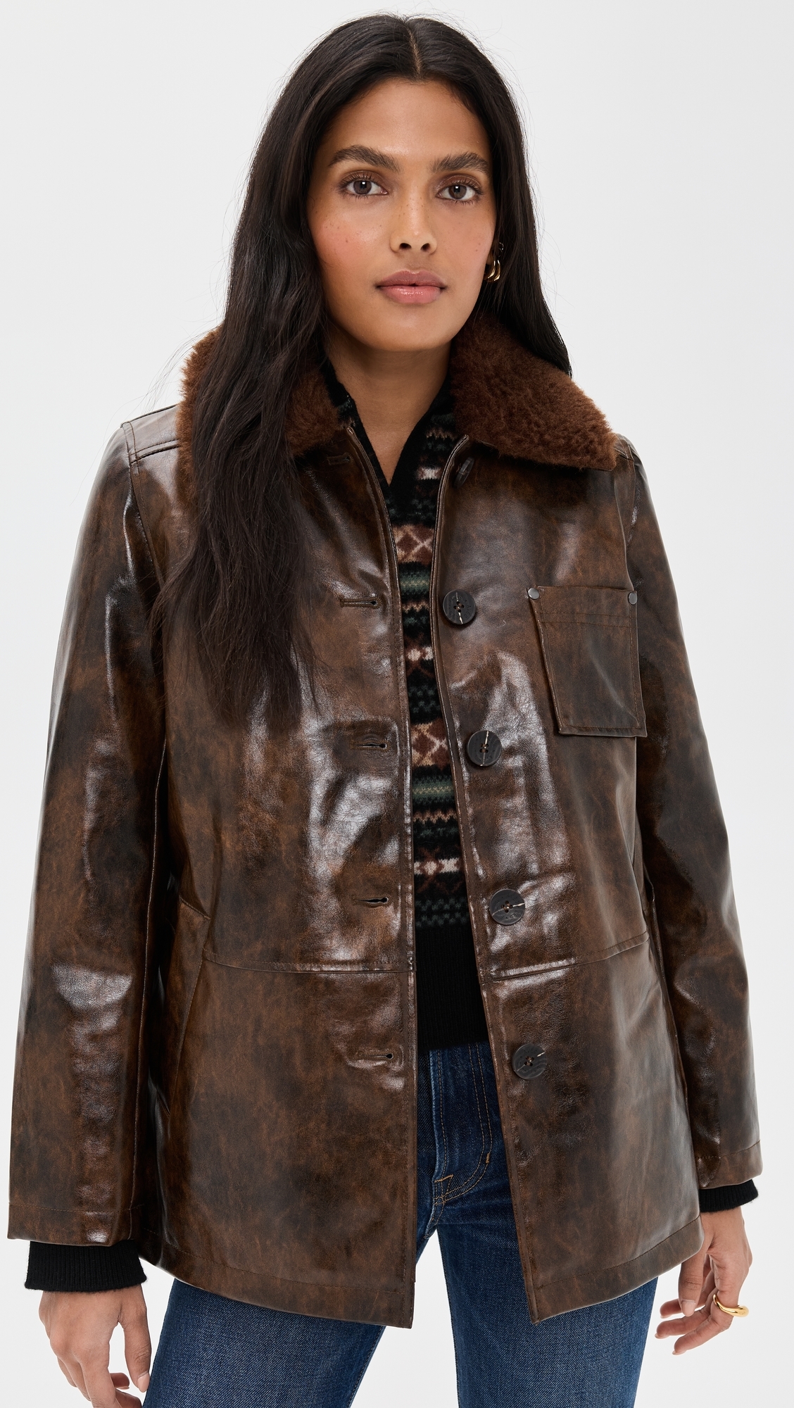 Faux Leather Relaxed Aviator Jacket Glazed Chocolate