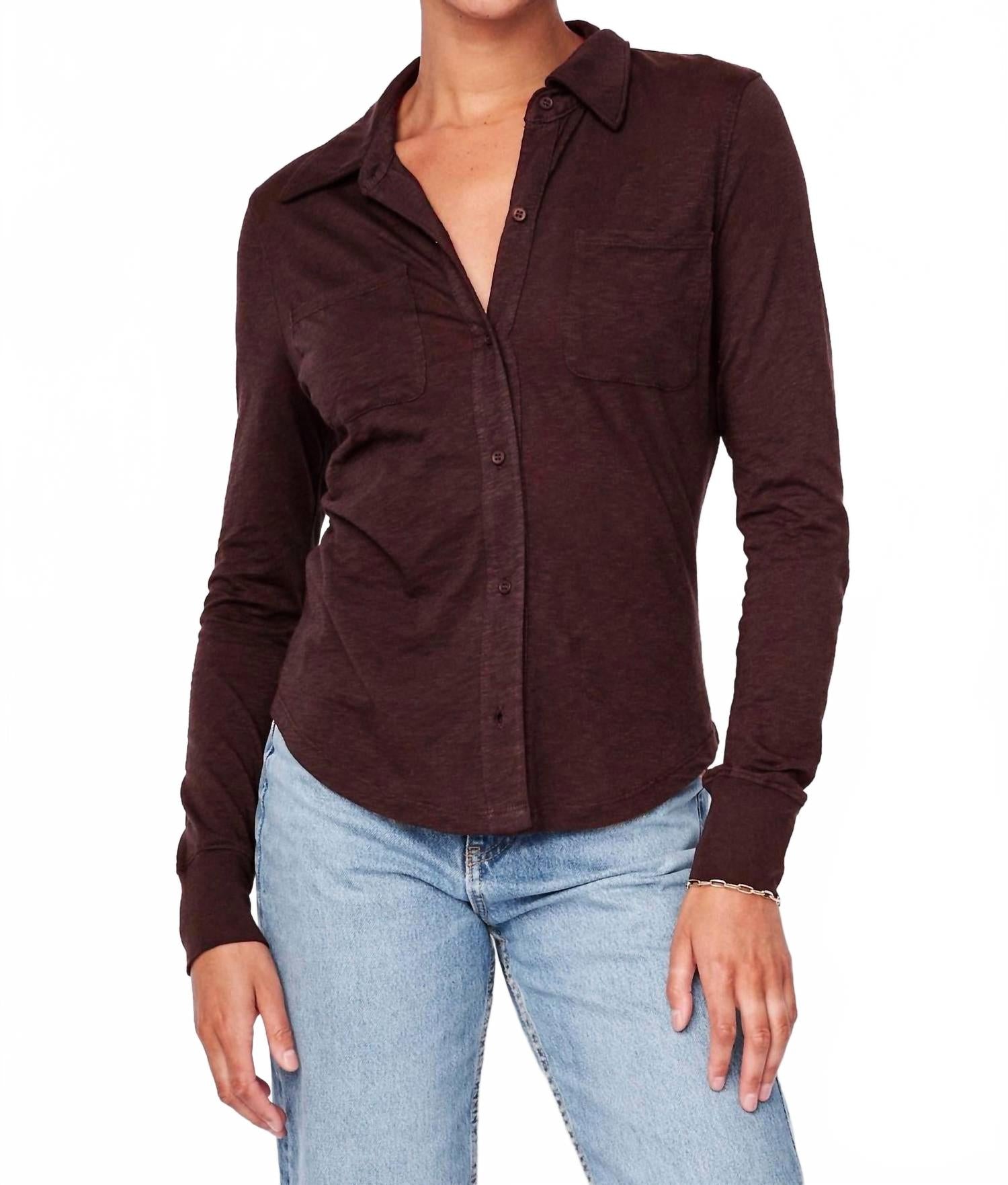 Women's Supima Slub Jersey Button Down Shirt In Espresso