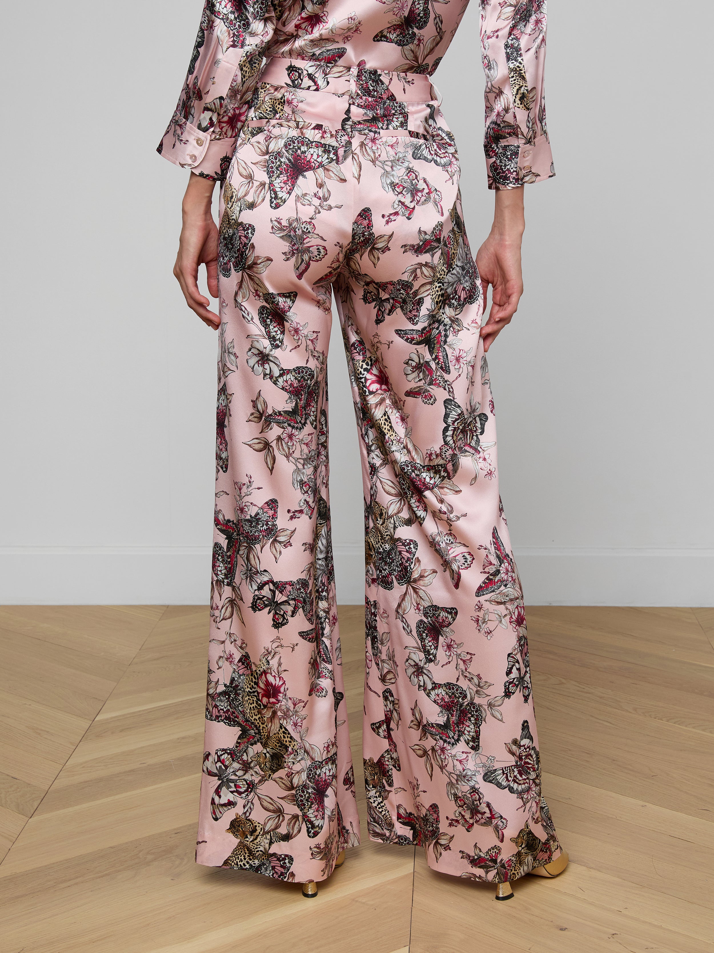 Pilar Silk Wide-Leg Pants In Light Nectar Pink Small Multi Butterfly Jungle