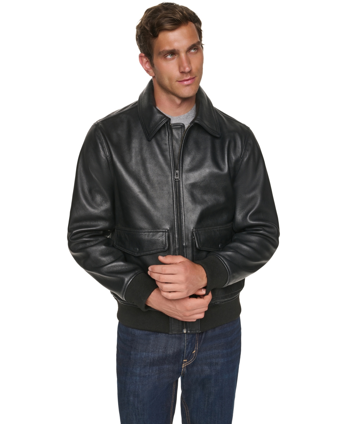 Men's Textured Leather Bomber Jacket - Black