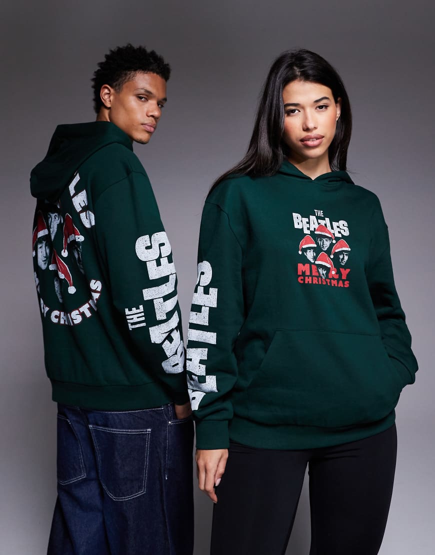 Unisex oversized hoodie with Christmas Beatles print in dark green