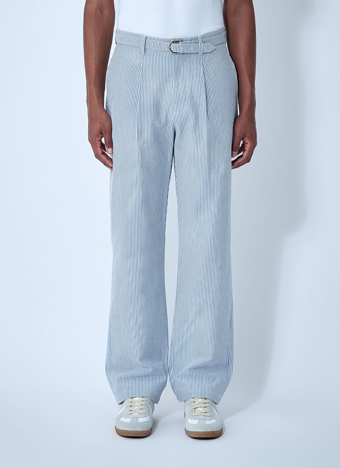Seersucker Belted Single-pleat Pants