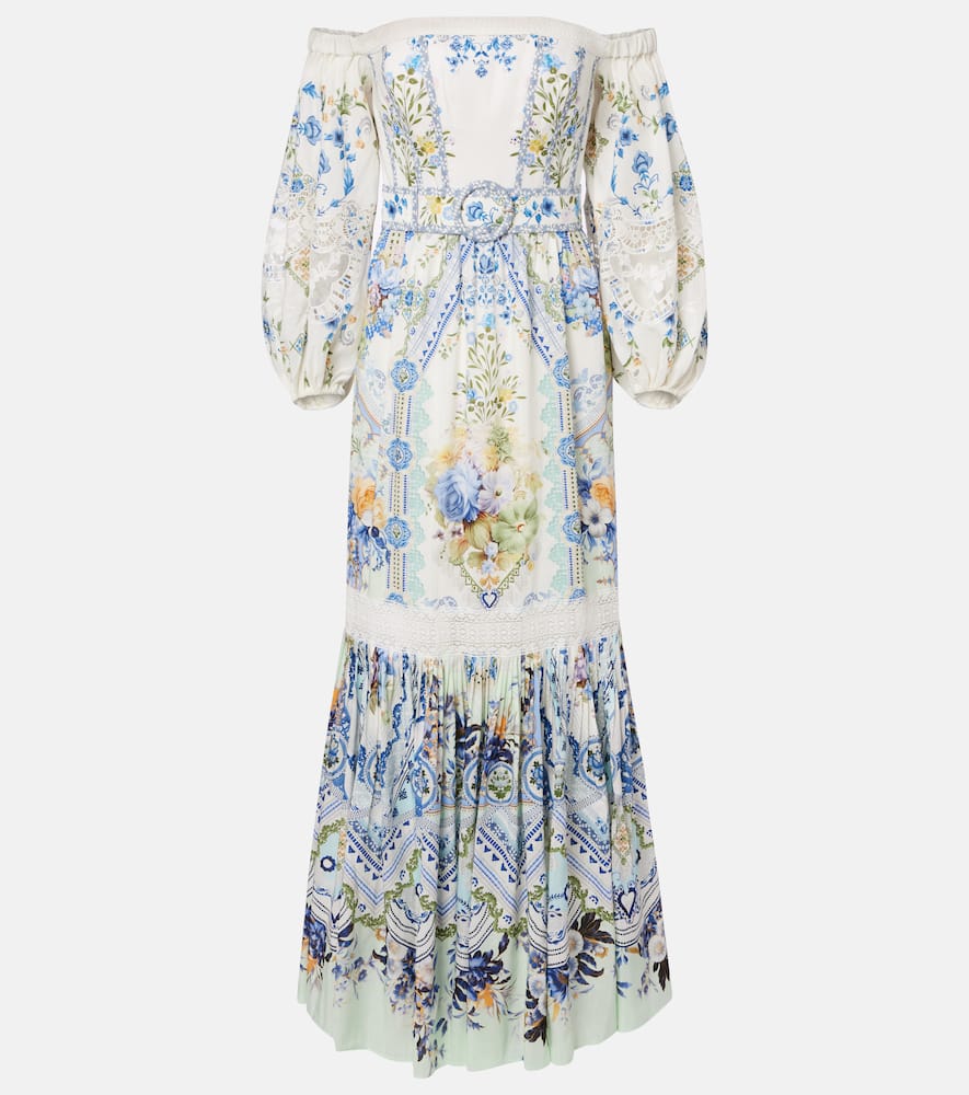 Floral off-shoulder linen and silk maxi dress