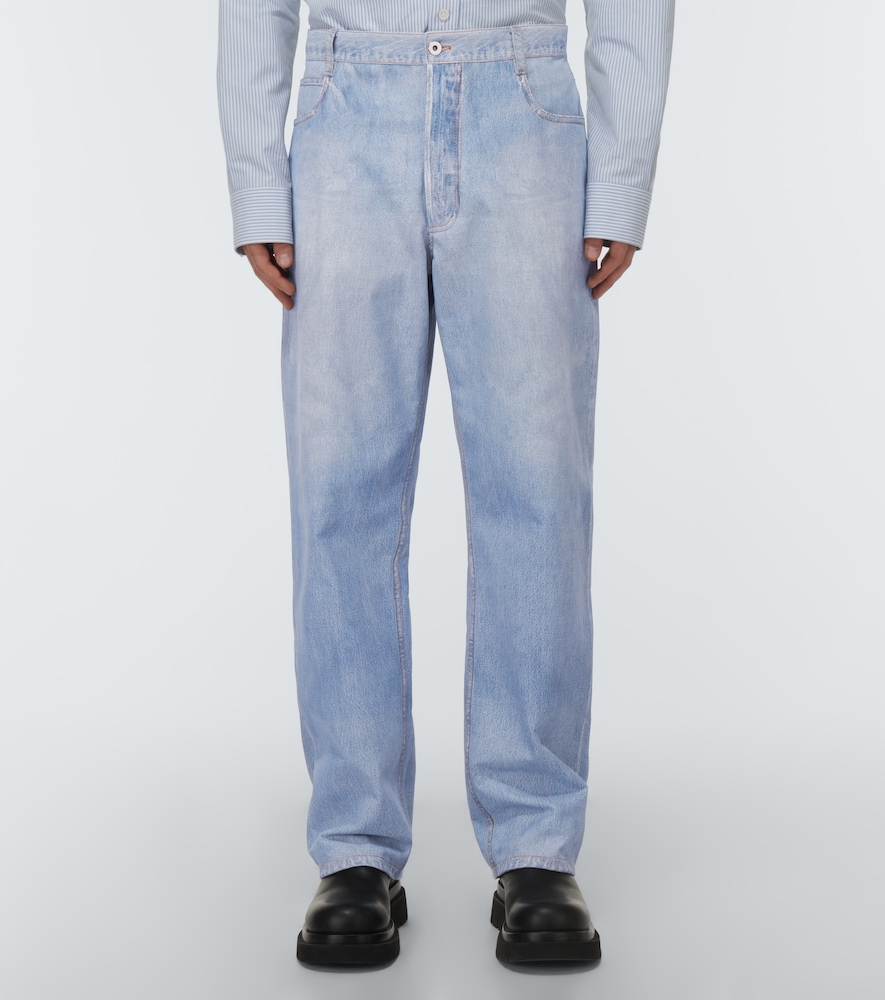 Denim-print wide-leg leather pants