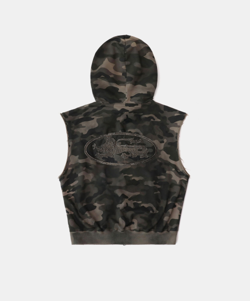 Curved Logo Sleeveless Hoodie Zip-Up