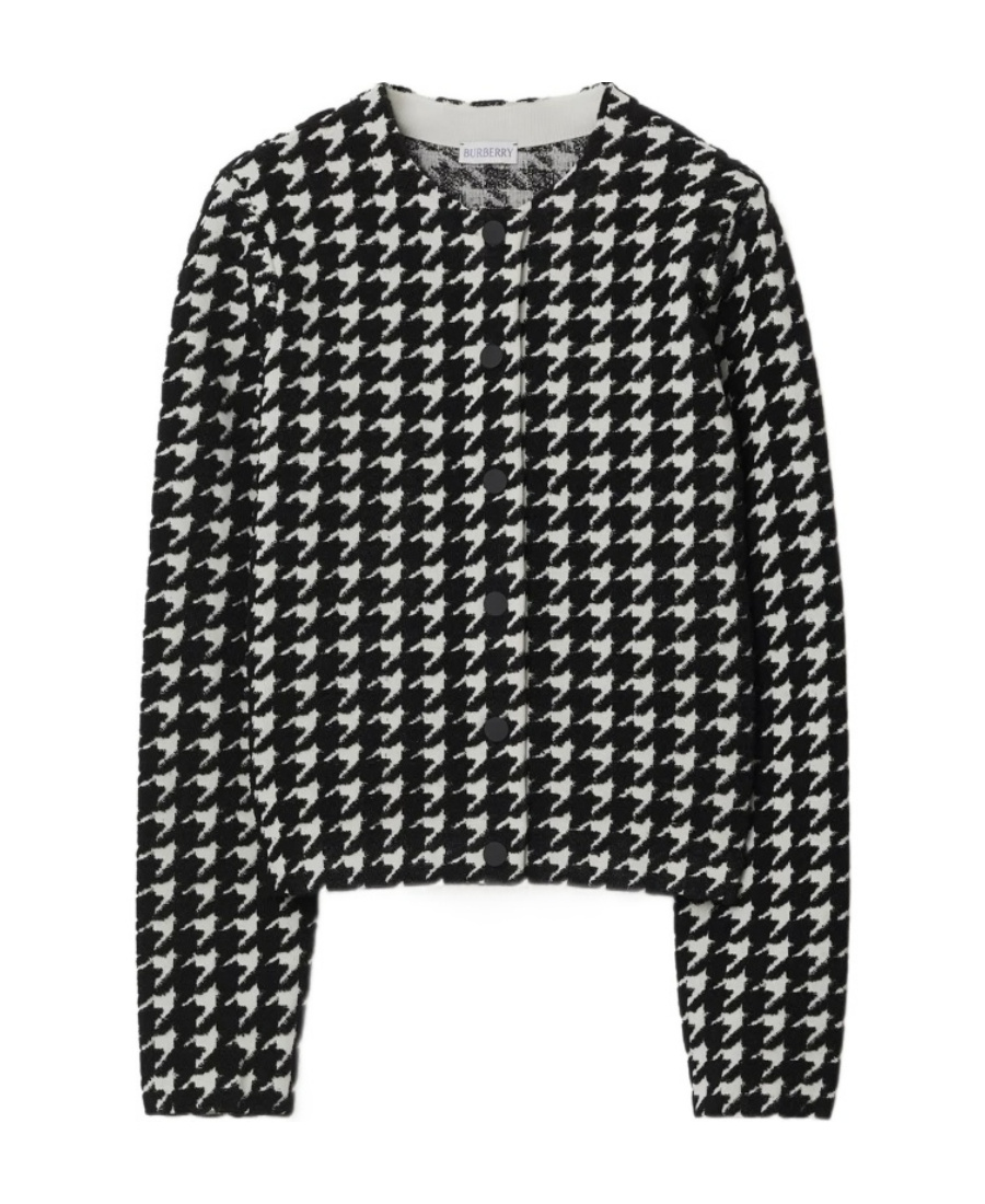 Houndstooth-Pattern Crewneck Buttoned Cardigan