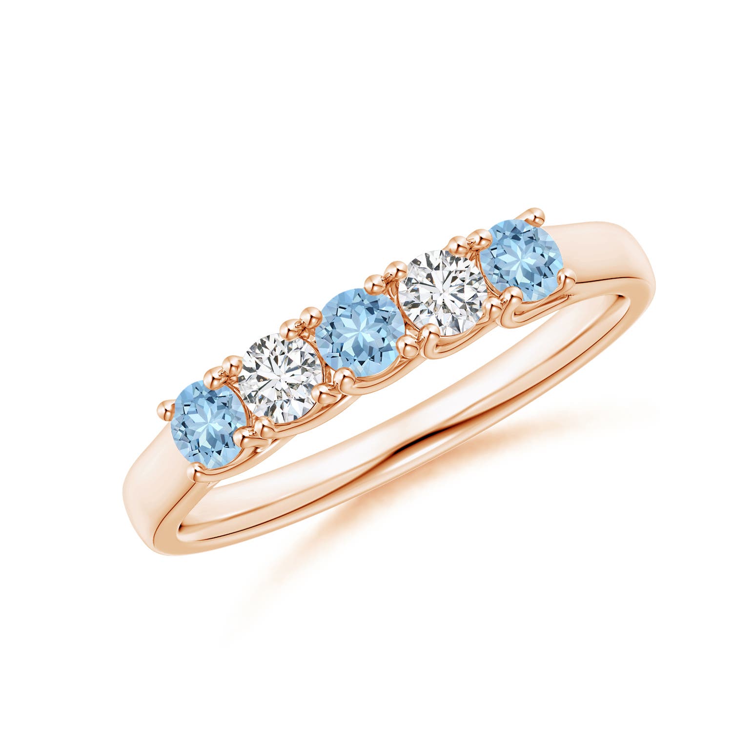 Angara 0.24 Carat Half Eternity Five Stone Aquamarine and Diamond Wedding Ring in 18K Rose Gold