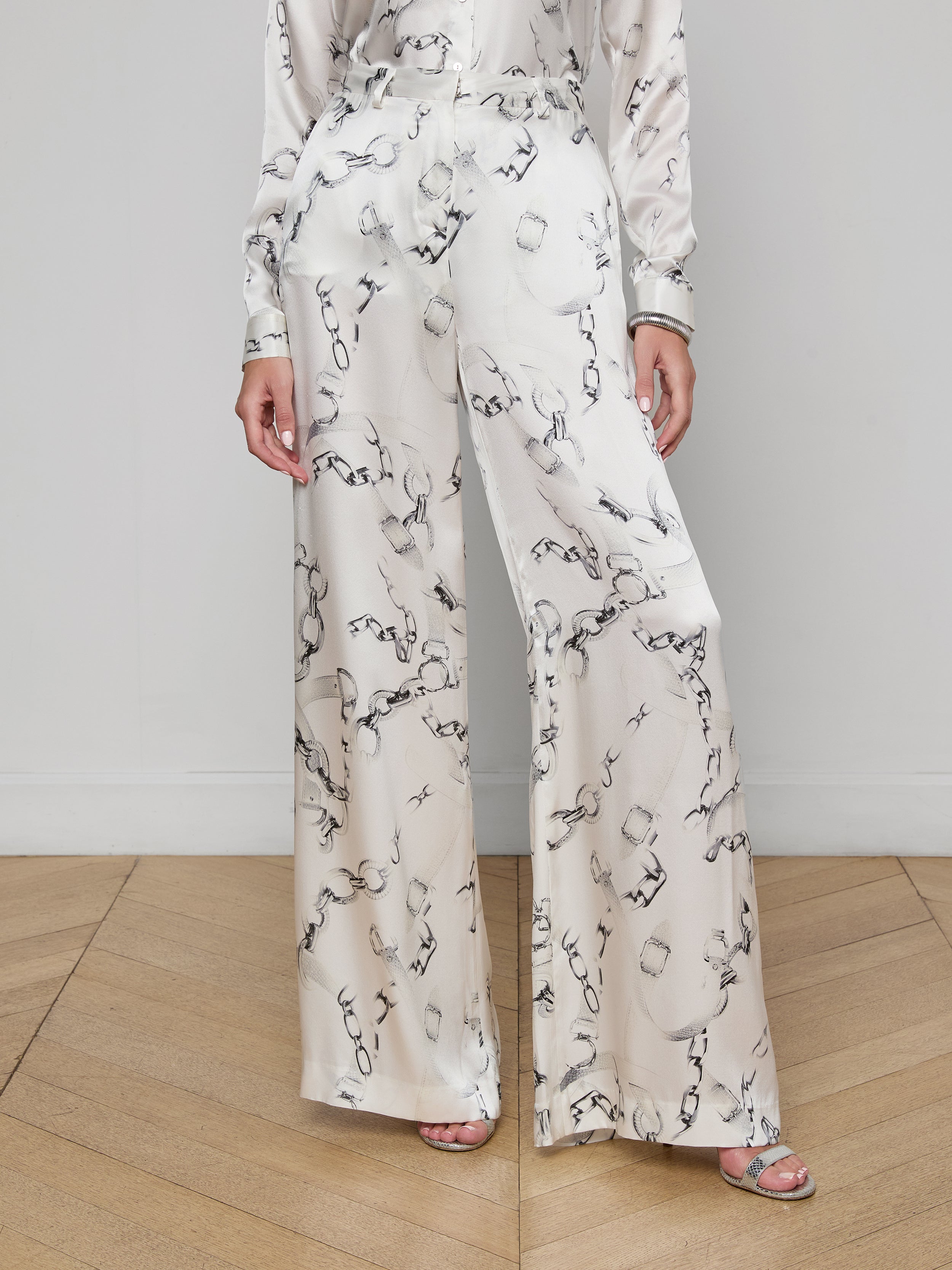 Gavin Silk Wide-Leg Pants In Ivory/grey Medium Faded Chain