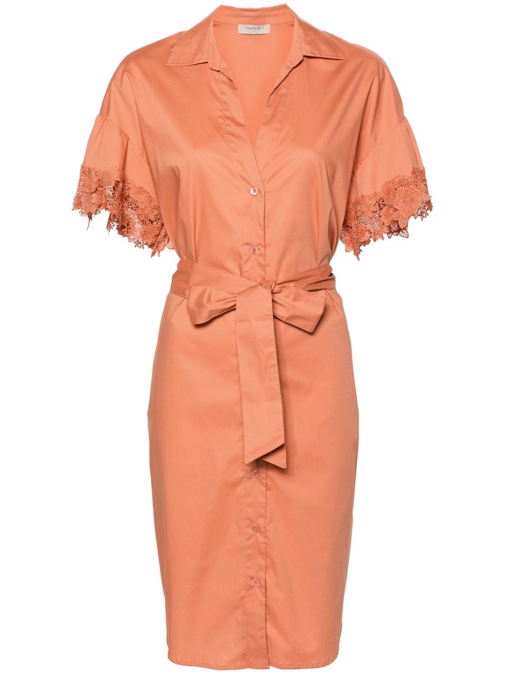 Lace-trim belted shirtdress - Orange