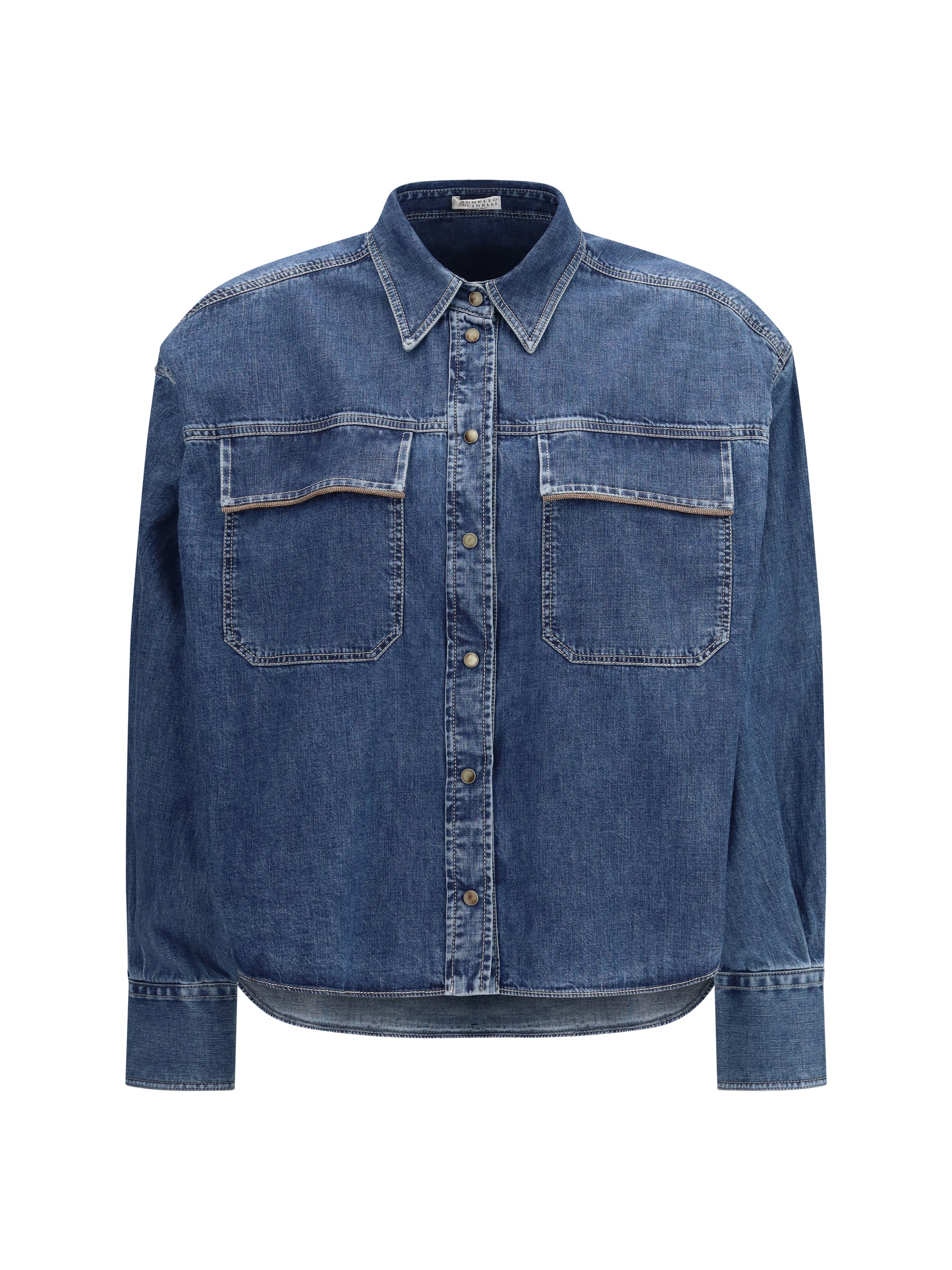 Chain-Embellished Cotton Denim Denim Shirt — Blue